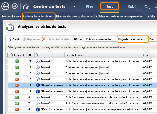 Analyser les séries de tests