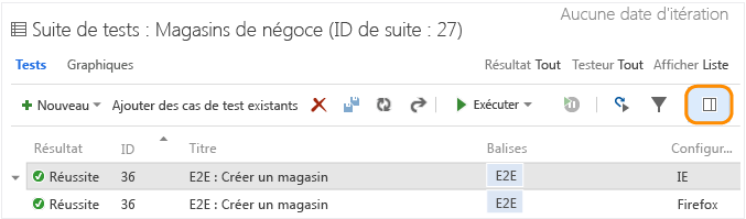 Onglet Tests ; choisissez d'afficher le volet Détail du test
