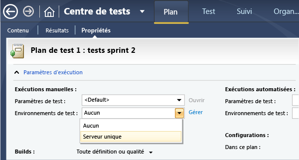 Dans les propriétés du plan de test, choisir une environnement lab.