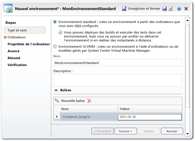 Assistant Nouvel environnement pour l'environnement standard