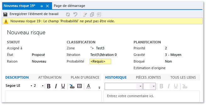 Formulaire d'élément de travail Risque