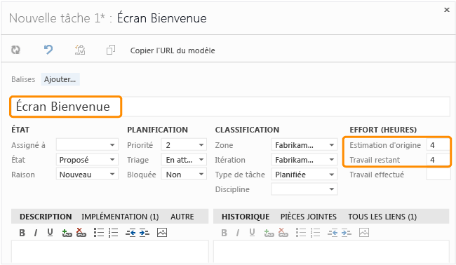 Formulaire d'élément de travail Tâche CMMI