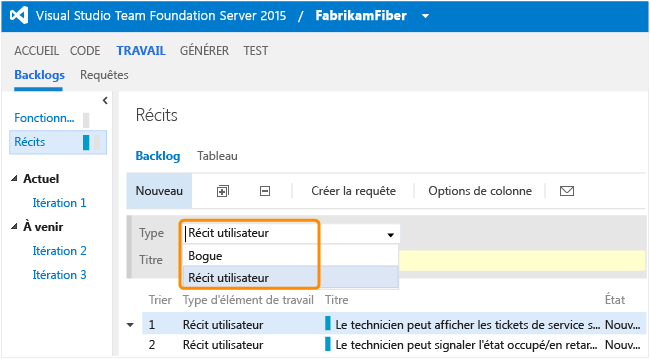 Panneau mis à jour avec l'ajout d'un type d'élément de travail Bogue