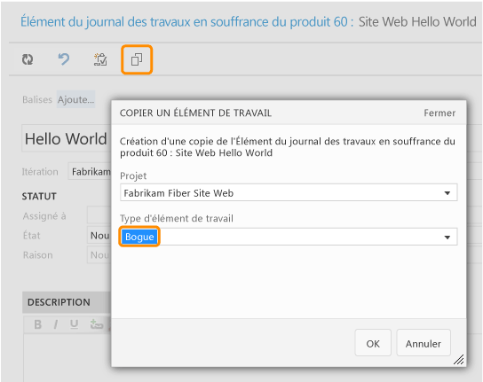 Copiez un élément de travail et spécifiez un nouveau type