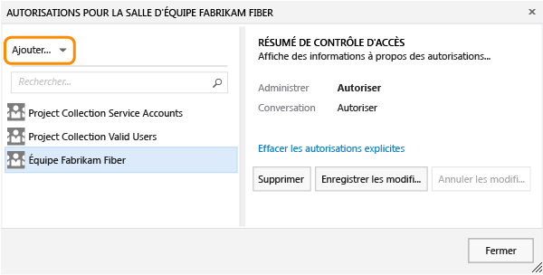 Menu Ajouter dans la page Autorisations pour une salle d'équipe