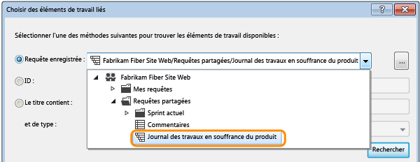 Sélectionner une requête pour rechercher des éléments de travail