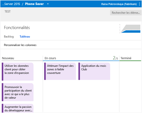 Le Backlog des fonctionnalités possède son propre tableau kanban