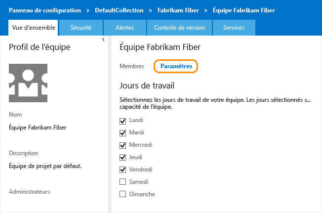 Page Paramètres de l'équipe pour les jours de travail par défaut