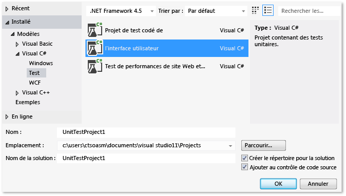 Test unitaire sélectionné dans la boîte de dialogue Nouveau projet