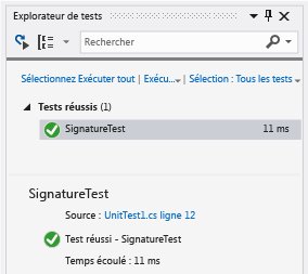 Explorateur de tests unitaires avec un test réussi