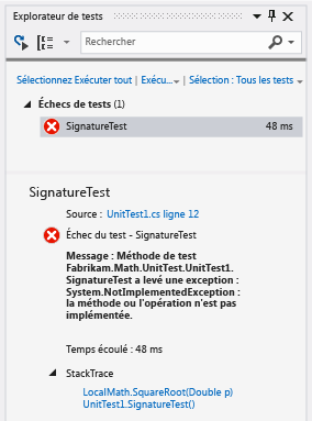 Explorateur de tests unitaires indiquant un échec de test