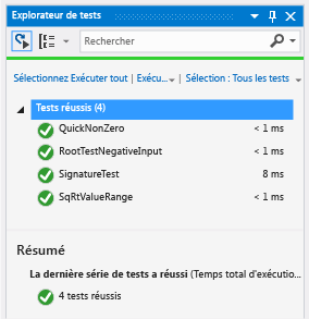 Explorateur de tests unitaires avec quatre tests réussis