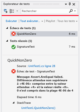 Explorateur de tests unitaires avec un échec de test