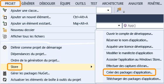 Menu Store dans Visual Studio 2013