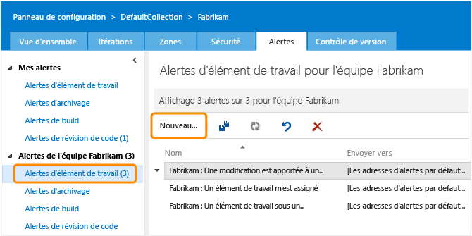 Lien d'alertes d'éléments de travail dans la page d'administration des alertes