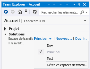 Permutation d'espaces de travail à partir de la page d'accueil de Team Explorer