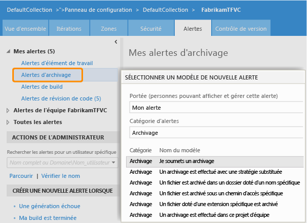 Page Alertes pour le projet d'équipe TVFC dans le portail web