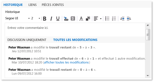 Onglet et champ Historique du formulaire d'élément de travail