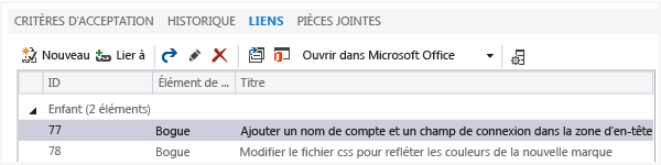 Exemple d'un contrôle de liens ajouté à un formulaire d'élément de travail