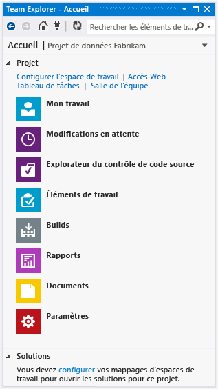 Page d'accueil de Team Explorer avec TFVC comme contrôle de source