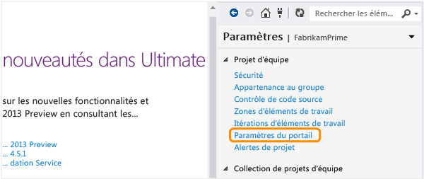 Page d'ouverture des paramètres de portail à partir de Team Explorer