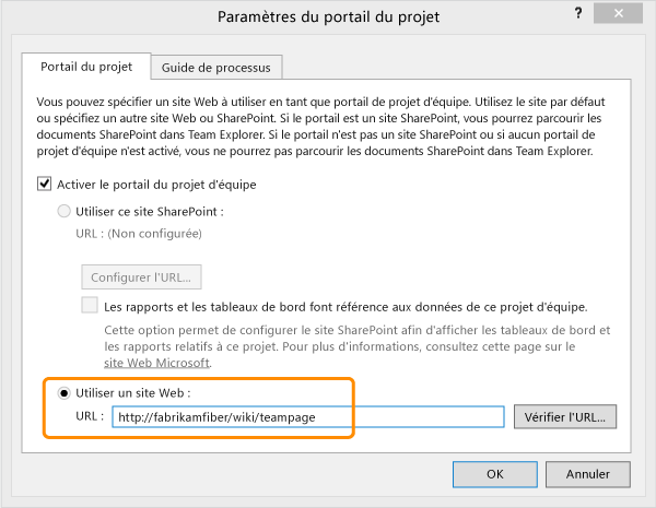 Spécifier l'URL du site web de portail de projet