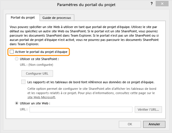 Boîte de dialogue Paramètres du portail du projet