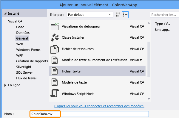 Nommer le nouveau fichier texte ColorData.csv