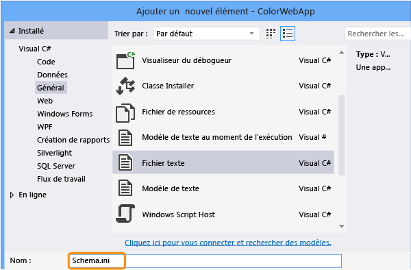 Ajouter un fichier schema.ini