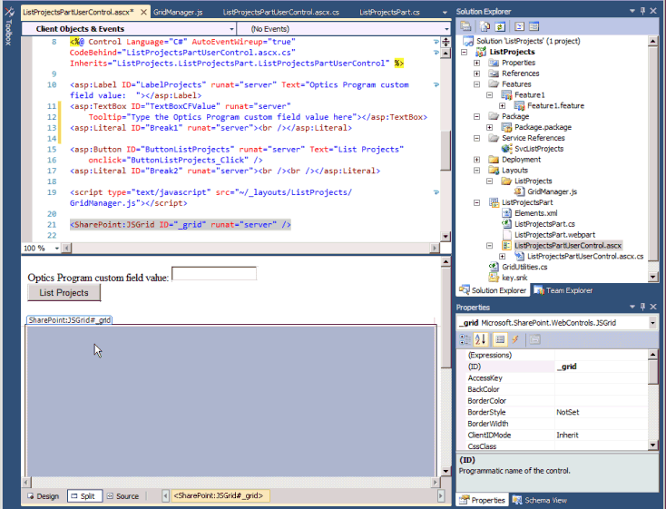 Split view of the ListProjects user control