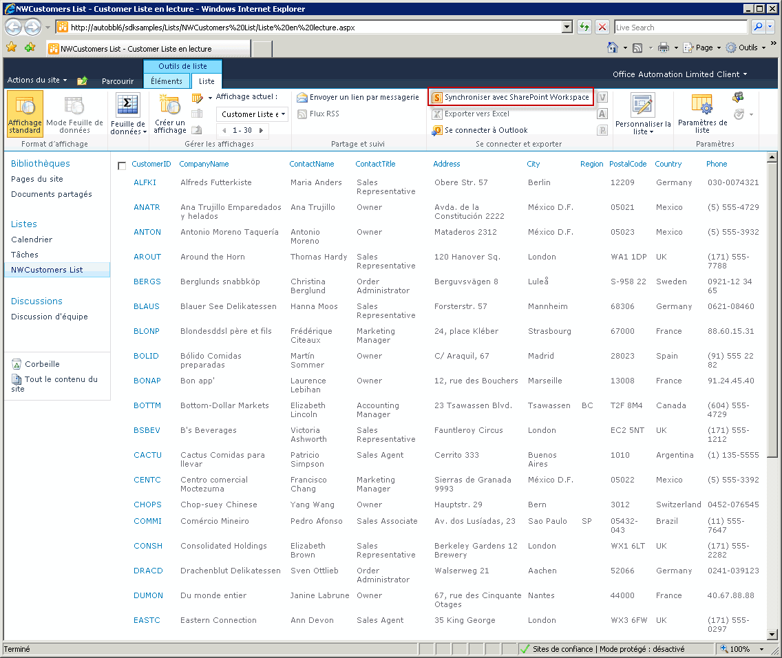 Synchroniser une liste externe avec SharePoint Workspace