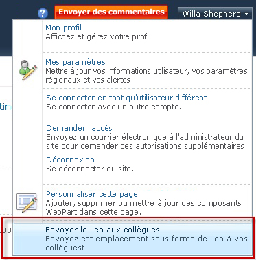 Détails du menu Envoyer un lien à mes collègues