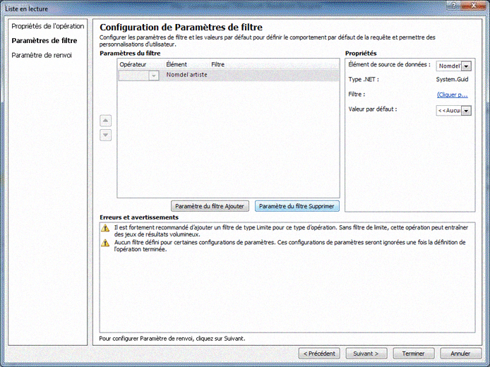 Définition des filtres pour l’opération de lecture de la liste