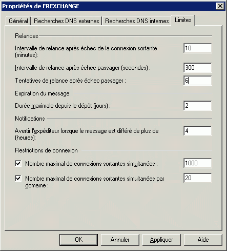 Propriétés du serveur de transport - onglet Limites