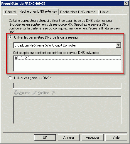 Recherches DNS externes définies pour utiliser une carte réseau