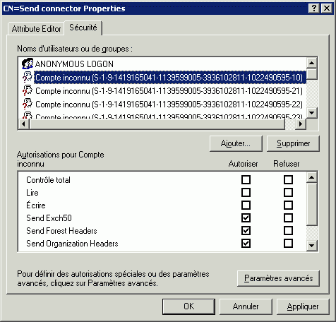 Onglet Sécurité du connecteur d'envoi dans l'éditeur ADSI