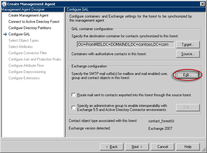 Page Configuration de la liste d'adresses globale, bouton Modifier