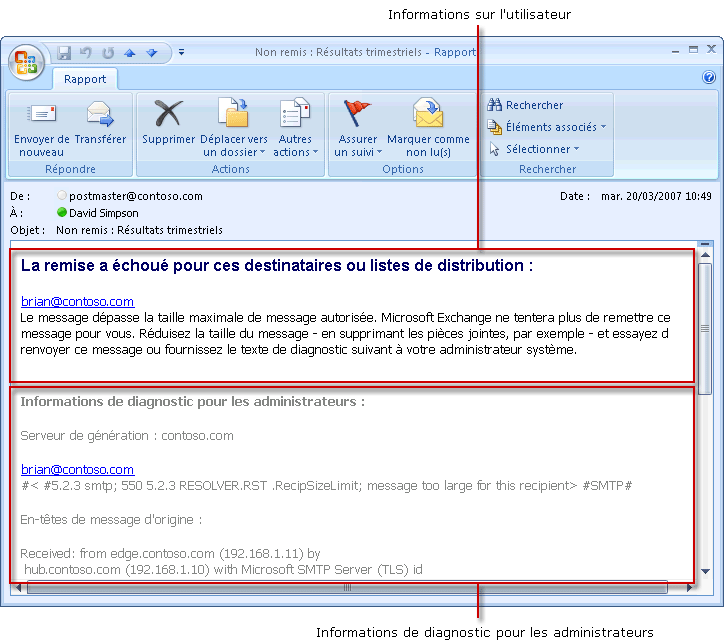 Notification d'échec de remise affichant des informations de diagnostic utilisateur et administrateur