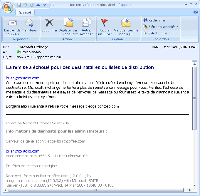 Notification d'échec de remise indiquant différents serveurs de génération/d'envoi