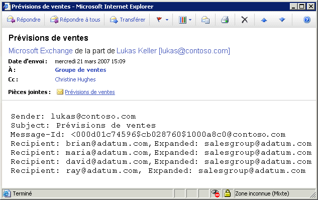 État de journal indiquant des champs Destinataire de base