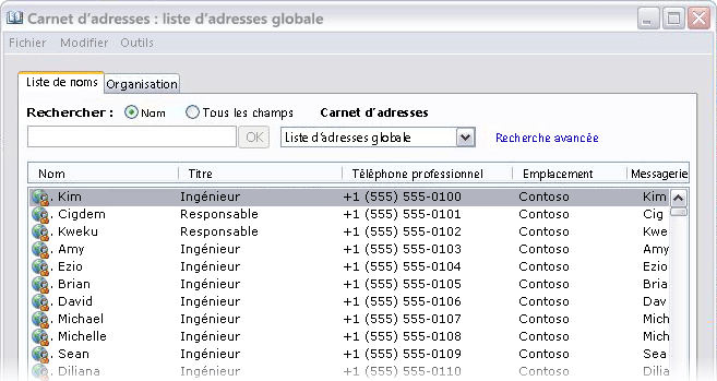 Listes d’adresses affichées dans Outlook 2007