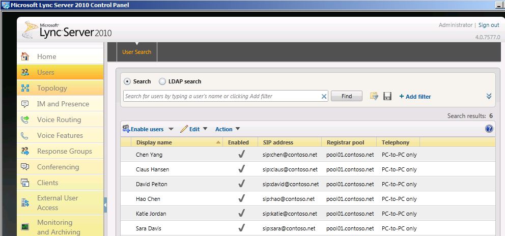 Lync Server 2010 Panneau de configuration répertorier les utilisateurs