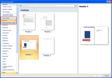 Boîte de dialogue Nouveau document avec modèles personnalisés