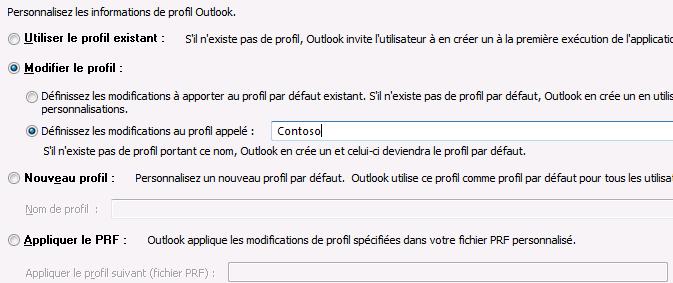 Paramètres OPO pour modifier un profil Outlook spécifique