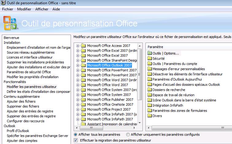Paramètres Outlook sous Modifier les paramètres utilisateur
