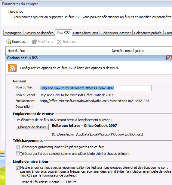 Options de flux RSS dans Outlook 2007