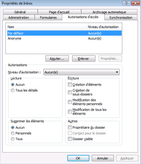 Onglet Autorisations dans les propriétés de la boîte de réception