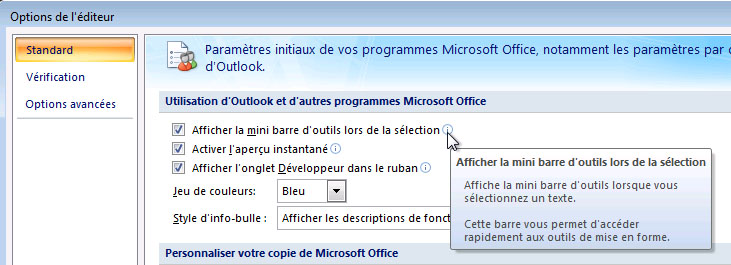 Paramètre de mini barre d’outils dans les options de l’éditeur d’Outlook