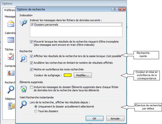 Boîte de dialogue d’options de recherche Outlook