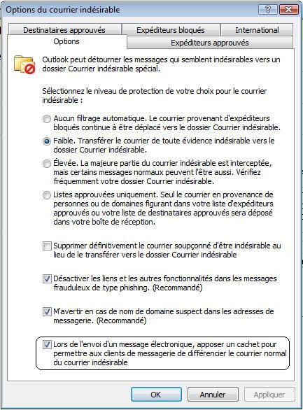 Option d’application de cachet électronique au courrier électronique indésirable